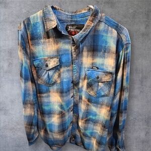 Upcycled No FLear Flannel Lainey Wilson Blue and Orange Plaid Button-Up Shirt
